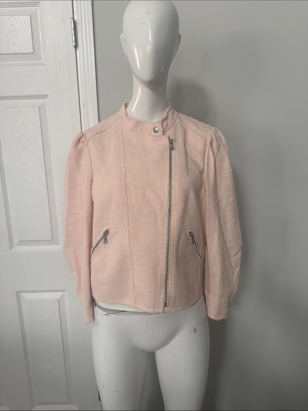 Rebecca Taylor Pale Pink Textured Zip Moto Jacket